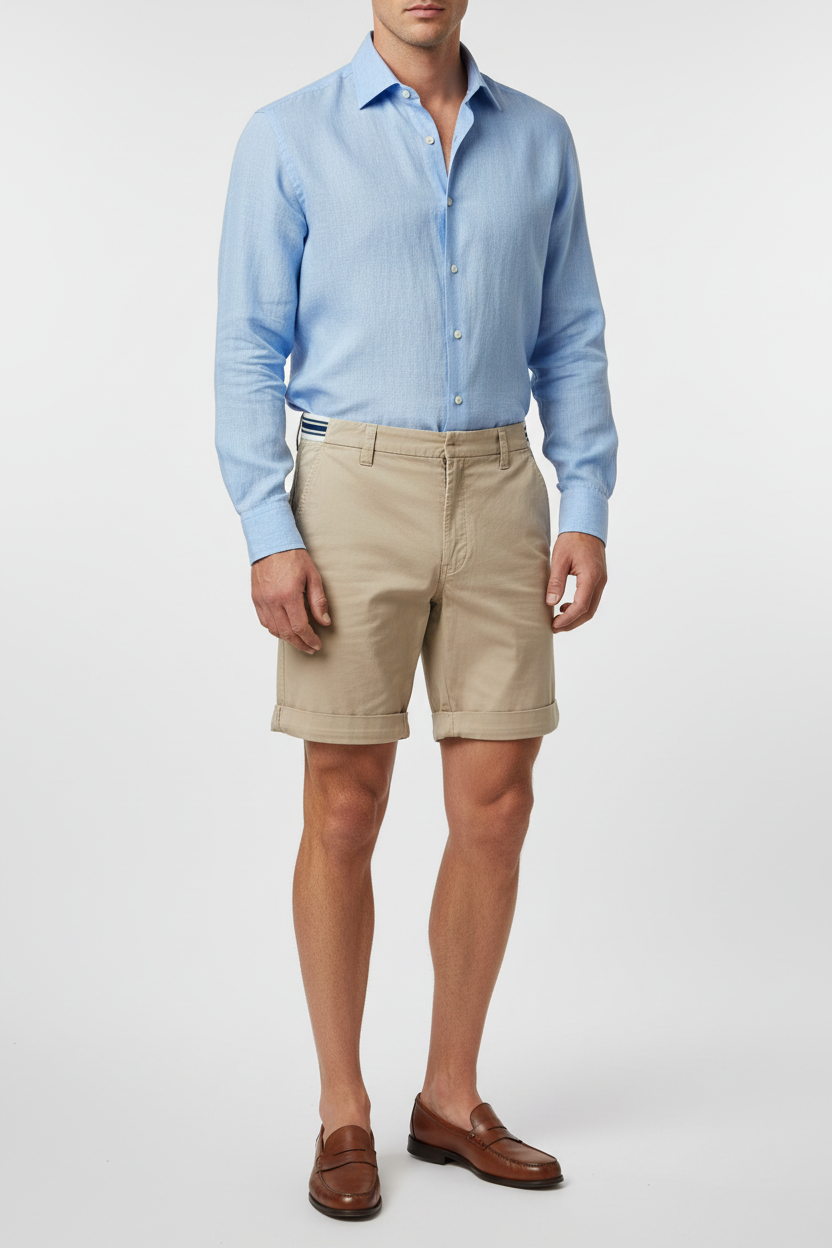 Bermuda uomo beige Andy Richardson, pantaloncini di moda in tessuto leggero, vista frontale su sfondo neutro
