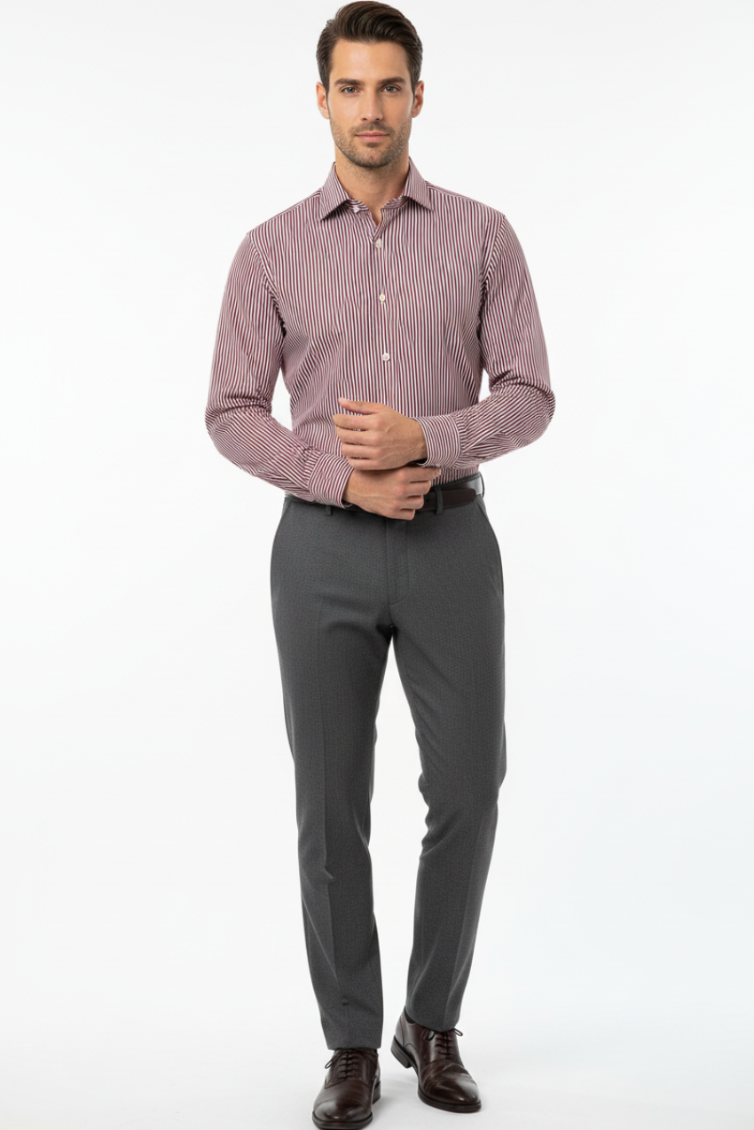 Camicia casual uomo Bagutta con righe bianche e rosse, tessuto morbido, collo classico, stile elegante e confortevole.