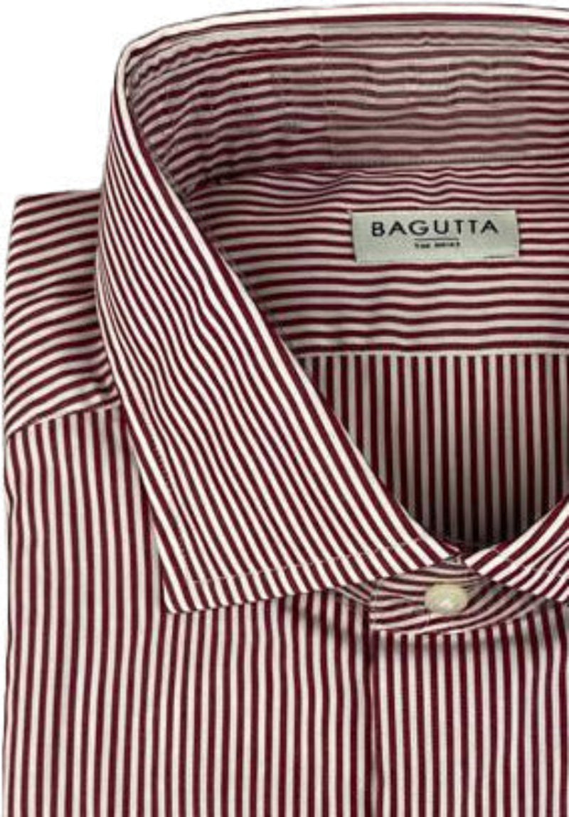 Camicia uomo Bagutta a righe bianco e rosso, abbigliamento casual moda uomo, dettaglio tessuto e colletto.