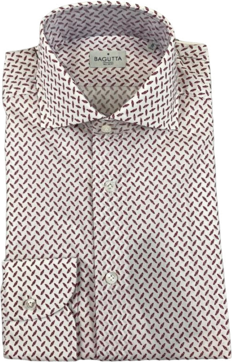 Camicia casual da uomo Bagutta con fantasia bianco e rosso, maniche lunghe, colletto classico, tessuto morbido e confortevole.