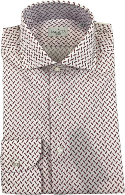 Camicia casual da uomo Bagutta con fantasia bianco e rosso, maniche lunghe, colletto classico, tessuto morbido e confortevole.