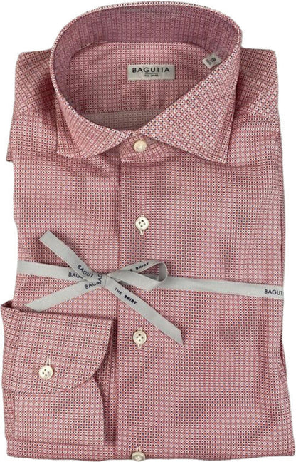 Camicia casual uomo Bagutta con fantasia rossa e bianca, vestibilità slim, tessuto leggero e stile elegante.
