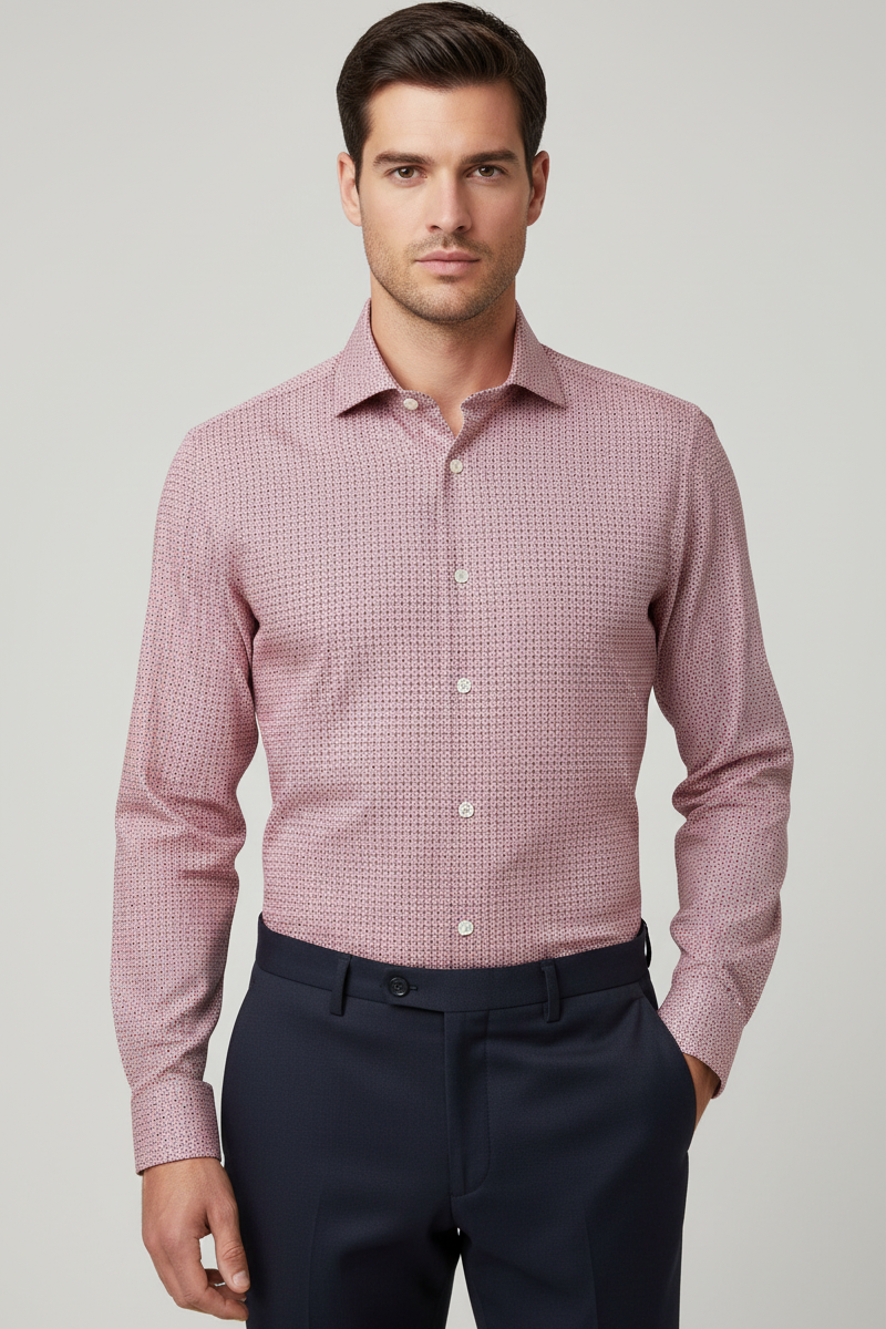 Camicia casual uomo Bagutta fantasia rossa e bianca, stile slim, in cotone, maniche lunghe e colletto classico.