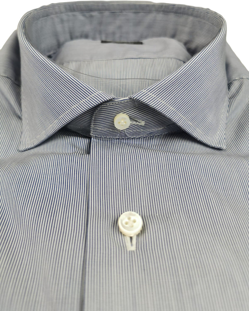 Camicia uomo Barba bianca con fantasia a righe, collo francese, in tessuto denim e bianco, abbigliamento casual moda uomo.
