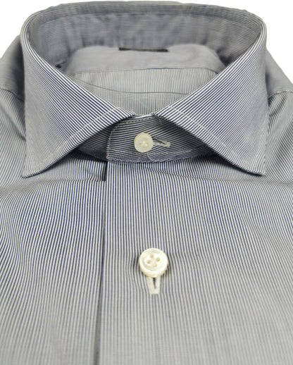 Camicia uomo Barba bianca con fantasia a righe, collo francese, in tessuto denim e bianco, abbigliamento casual moda uomo.