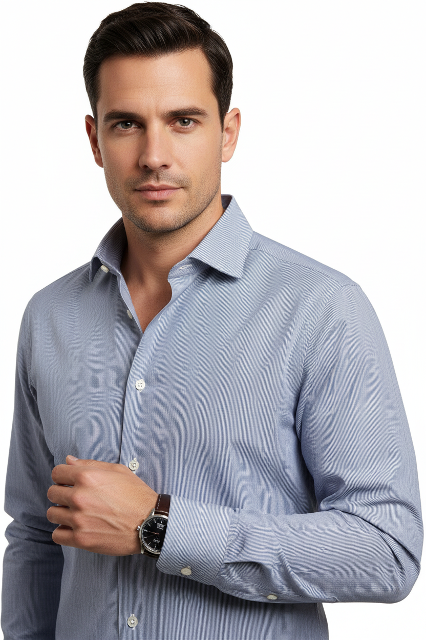 Camicia uomo Barba bianca e denim con fantasia millerighe, collo francese, tessuto casual, abbigliamento moda uomo.