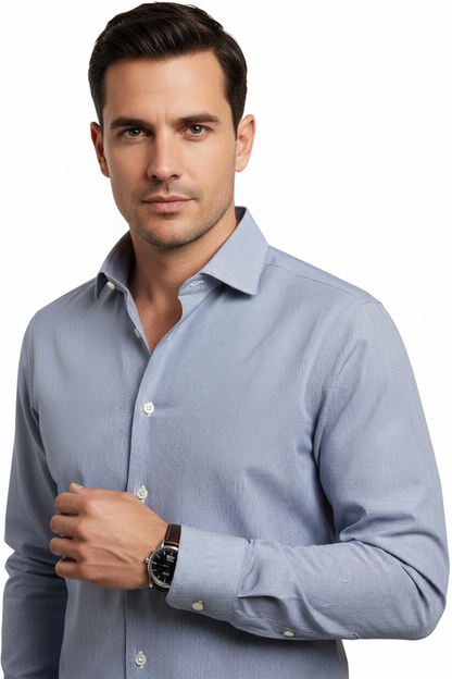 Camicia uomo Barba bianca e denim con fantasia millerighe, collo francese, tessuto casual, abbigliamento moda uomo.