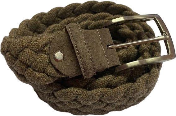 Cintura uomo Bergamotto intrecciata in lana e pelle in colore cammello, accessorio di moda uomo elegante e robusto.