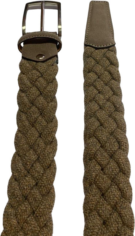 Cintura uomo Bergamotto intrecciata in lana e pelle, colore cammello, accessorio di moda maschile elegante e di qualità