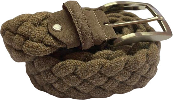 Cintura uomo Bergamotto intrecciata in lana e pelle di colore cammello, accessorio moda uomo con fibbia.