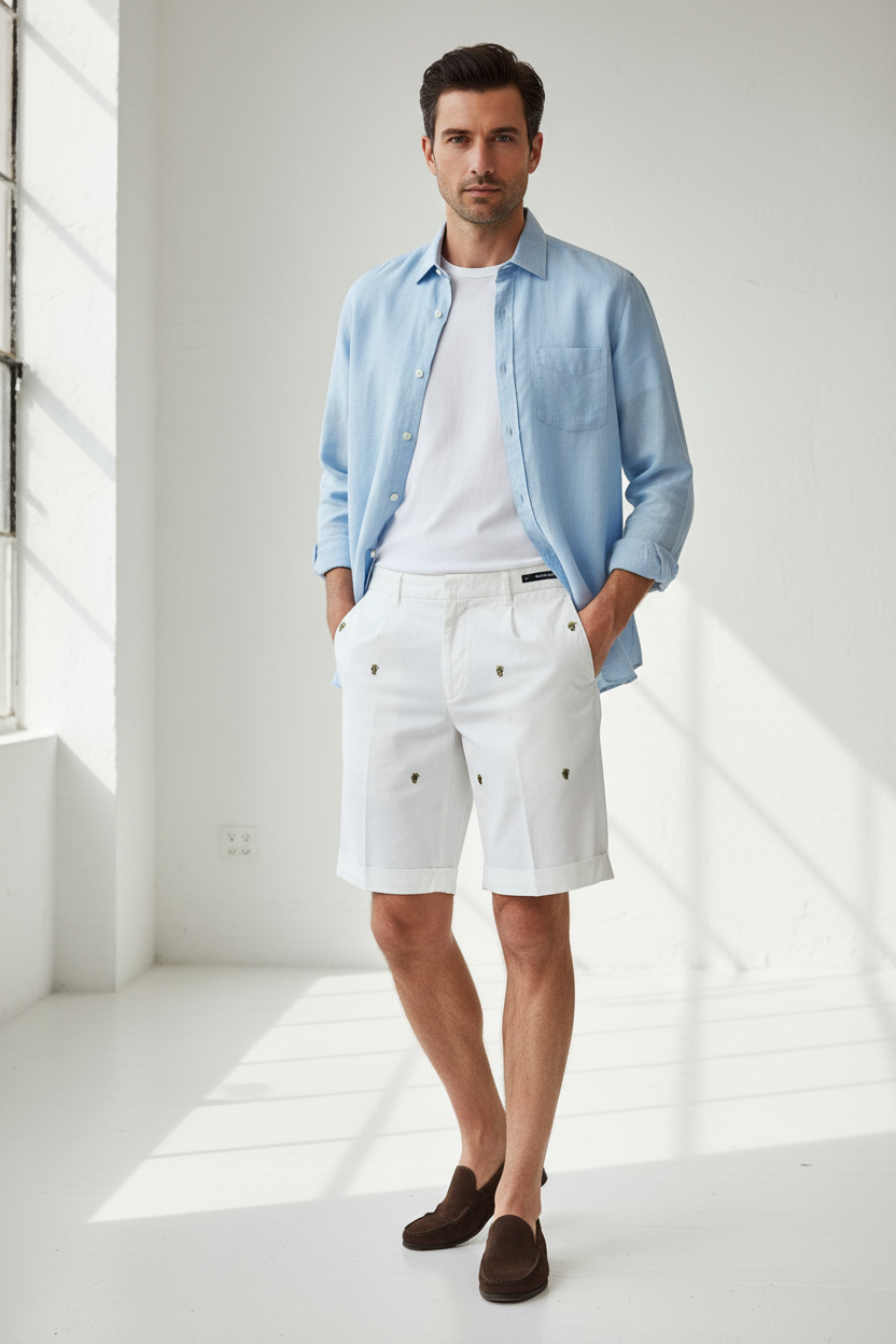 PT Men's Bermuda Shorts - Solid Color with Embroidery - White