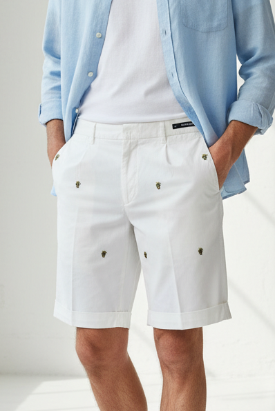 PT Men's Bermuda Shorts - Solid Color with Embroidery - White