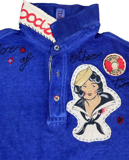 Polo uomo Bob Company in stile yacht club, fantasia con colore denim, tessuto morbido, abbigliamento sportivo elegante.