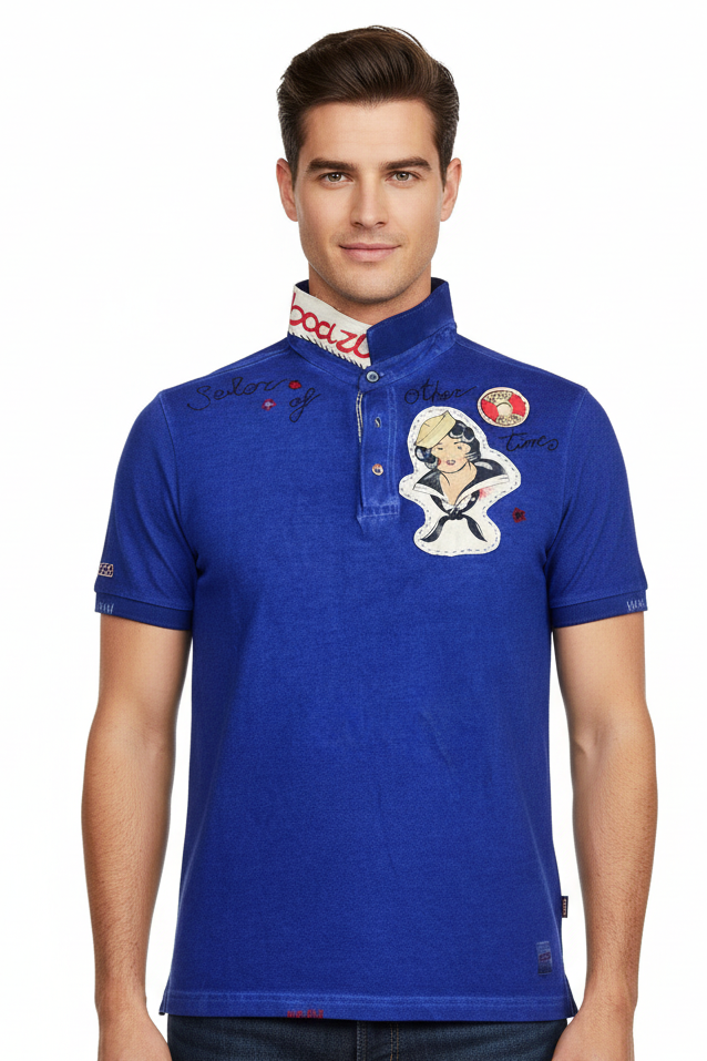 Polo uomo Bob Company fantasia Yacht Club in colore denim, abbigliamento sportivo moda uomo, dettagli visibili in immagine.