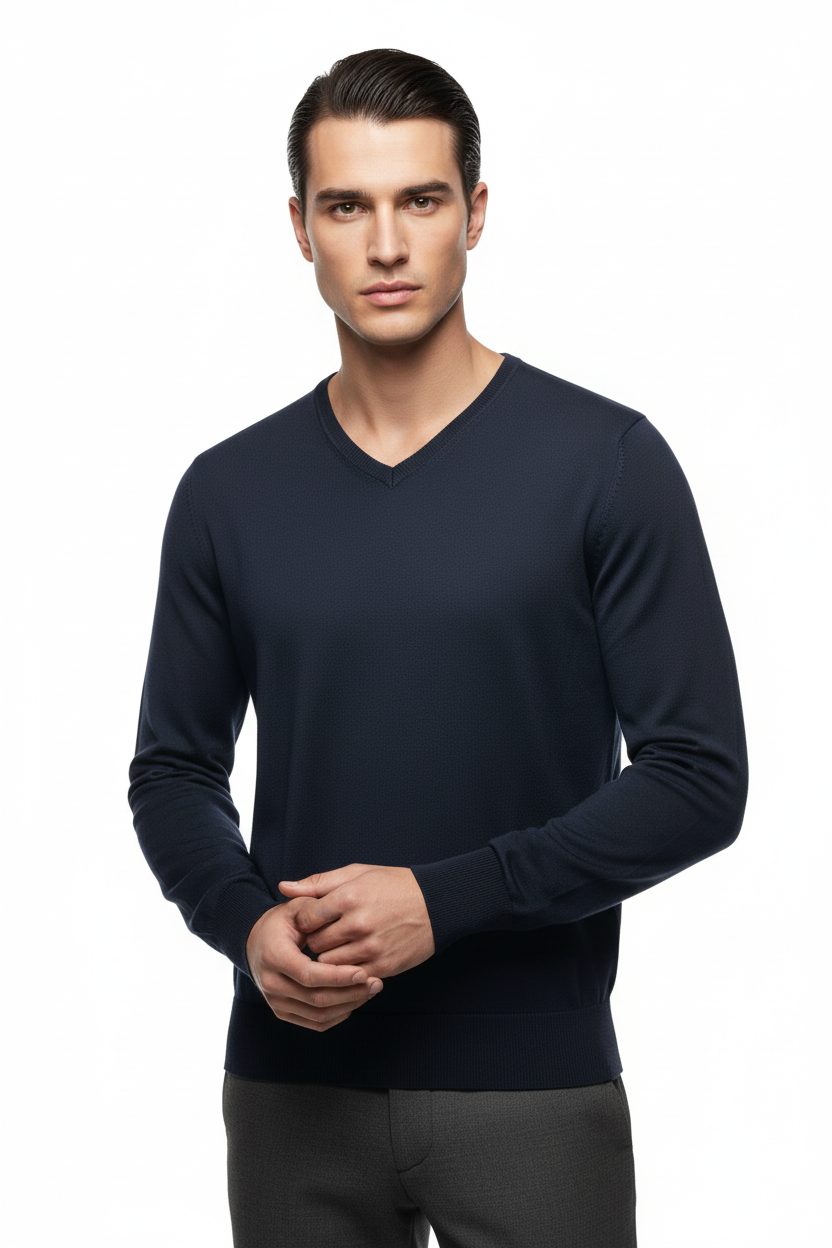Maglia uomo Bob Company con scollo a V, abbigliamento moda uomo, colore blu notte, dettagli visibili in primo piano.