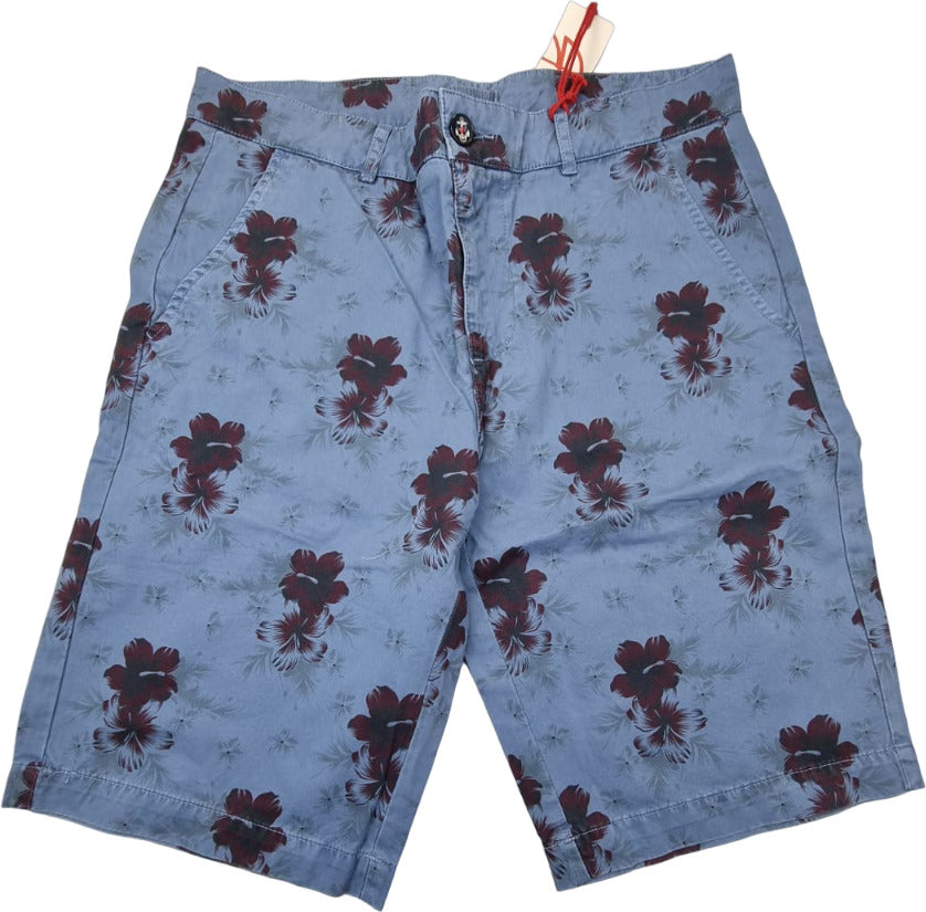 Bermuda uomo Bob Company con fantasia floreale blu, pantaloncini di moda, dettaglio visibile in primo piano