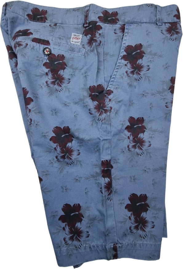 Bermuda uomo Bob Company con fantasia floreale blu, pantaloncini moda uomo, dettaglio del tessuto e design estivo