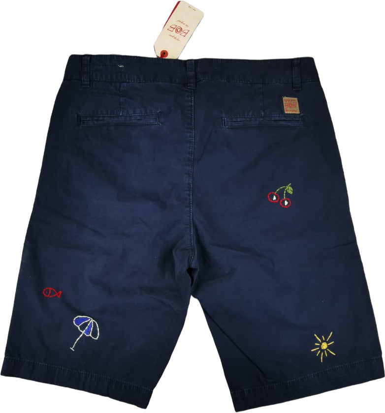 Bermuda uomo Bob Company blu scuro con ricami, pantaloncini di moda in tinta unita, stile casual e moderno.