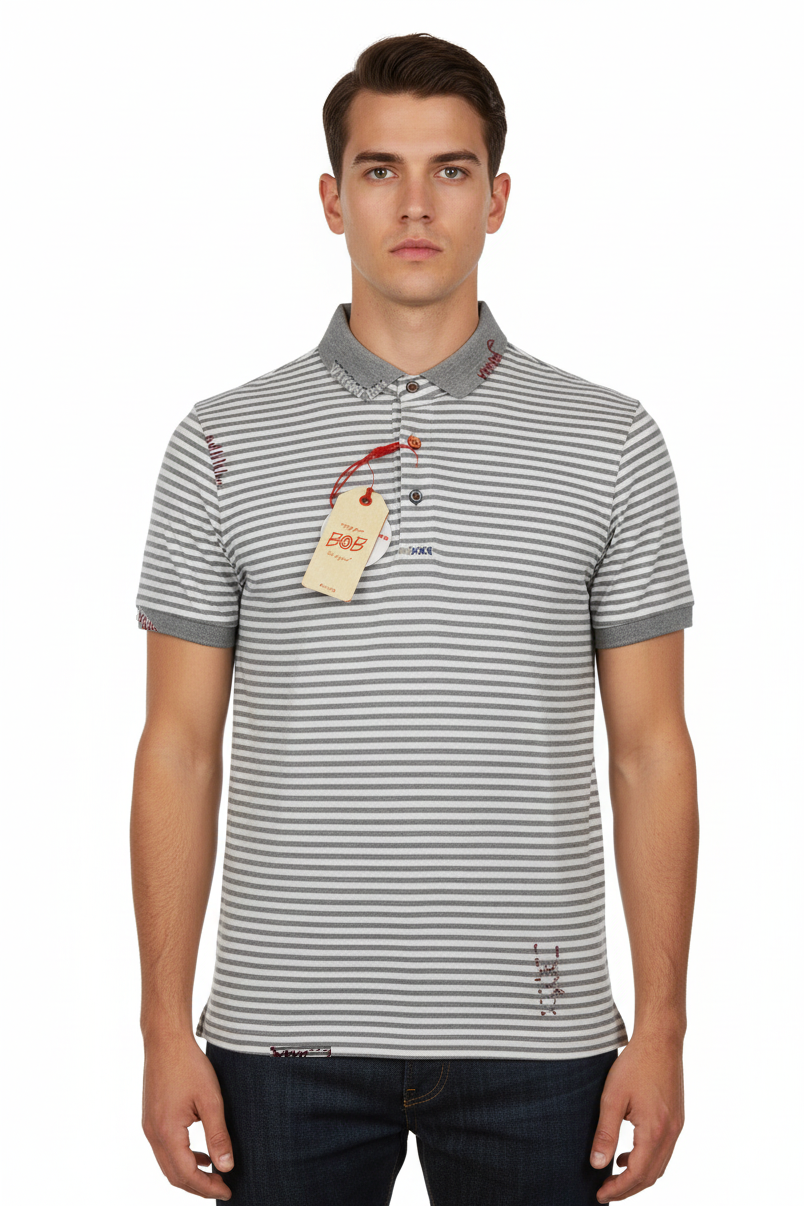 Polo uomo Bob Company con fantasia a righe orizzontali, maniche corte e colletto classico, tessuto bianco.