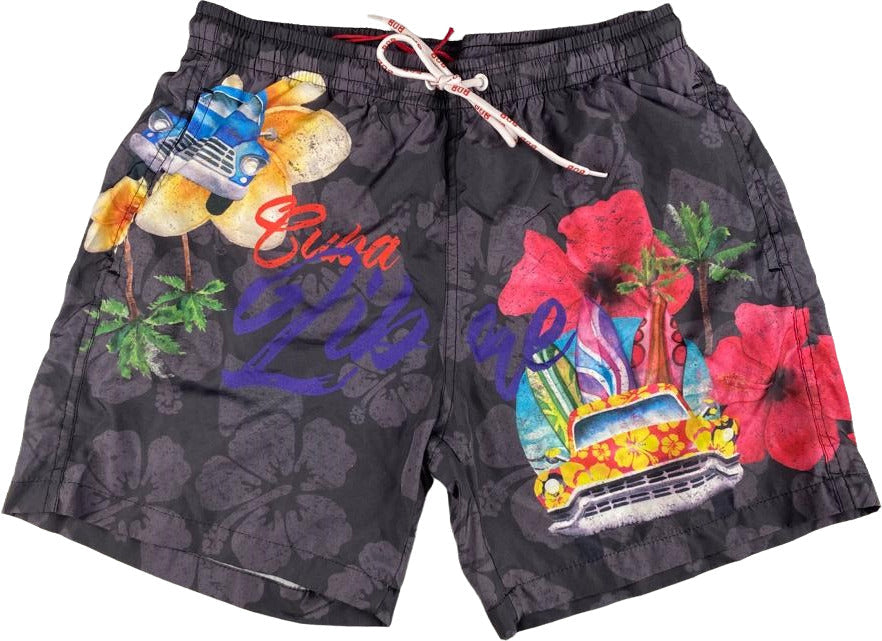 Boxer mare uomo Bob Company in fantasia con motivi di auto e fiori, colore nero, perfetto per attività acquatiche e tempo libero.