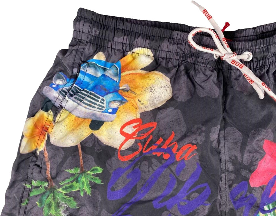 Boxer mare da uomo Bob Company, fantasia macchine e fiori, colore nero, morbido tessuto per attività acquatiche e tempo libero.