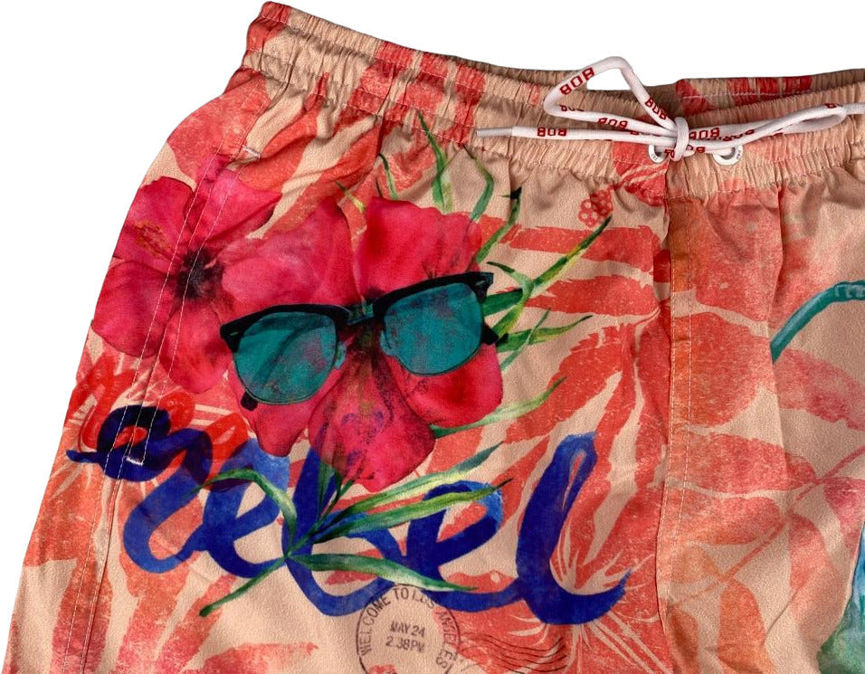 Boxer mare da uomo Bob Company con fantasia fiori, colore rosa e rosso, ideale per sport acquatici e nuoto.