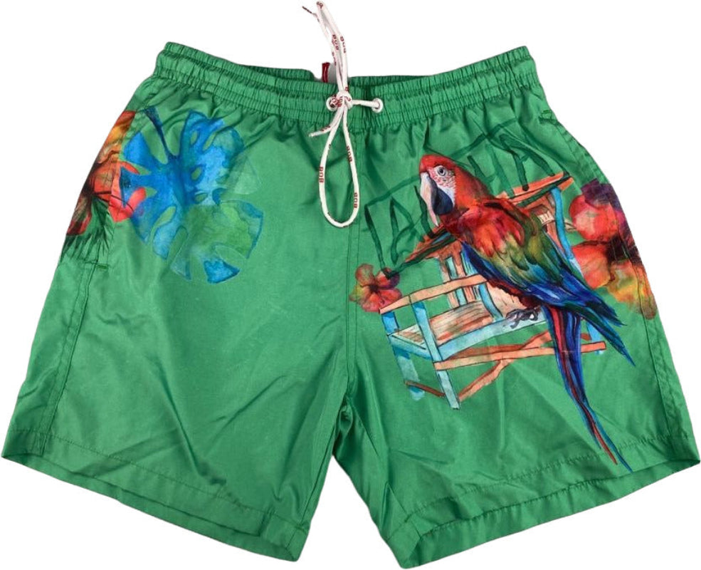 Boxer mare da uomo Bob Company fantasia pappagallo e fiore, colore verde, perfetti per attività acquatiche e tempo libero.
