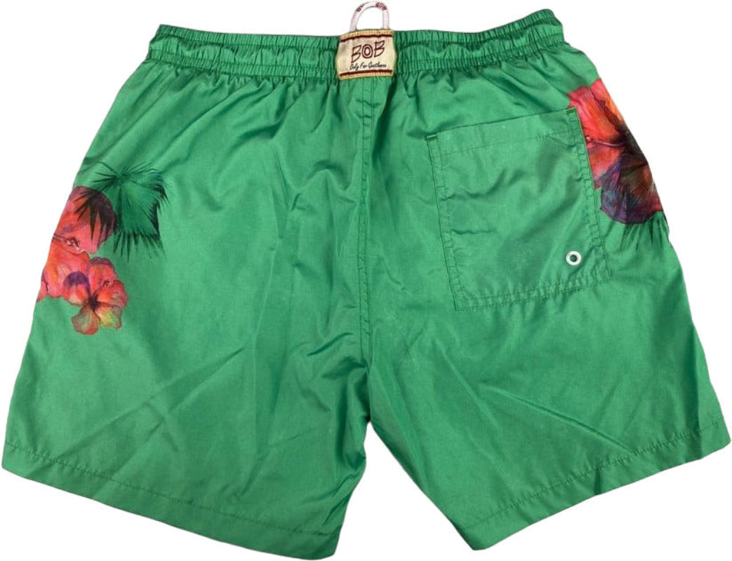 Boxer mare uomo Bob Company con fantasia pappagallo e fiori, colore verde, tessuto leggero per attività acquatiche e tempo libero.