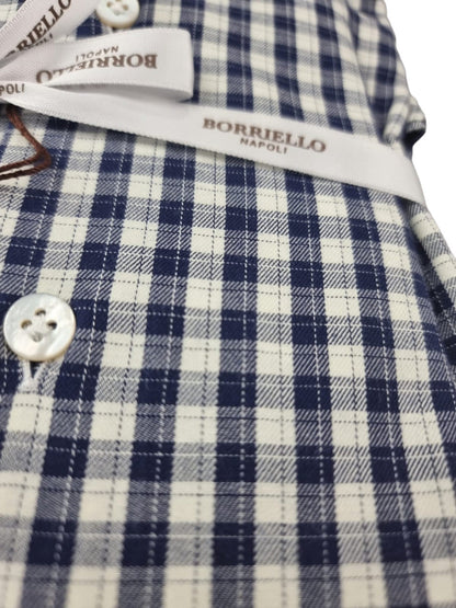 Camicia uomo Borriello in cotone con collo francese e motivo a quadri blu, abbigliamento casual elegante per uomo