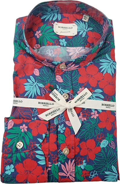 Camicia uomo Borriello con motivo fiori coreana in tessuto casual rossa, maniche lunghe e collo classico, stile moda uomo.