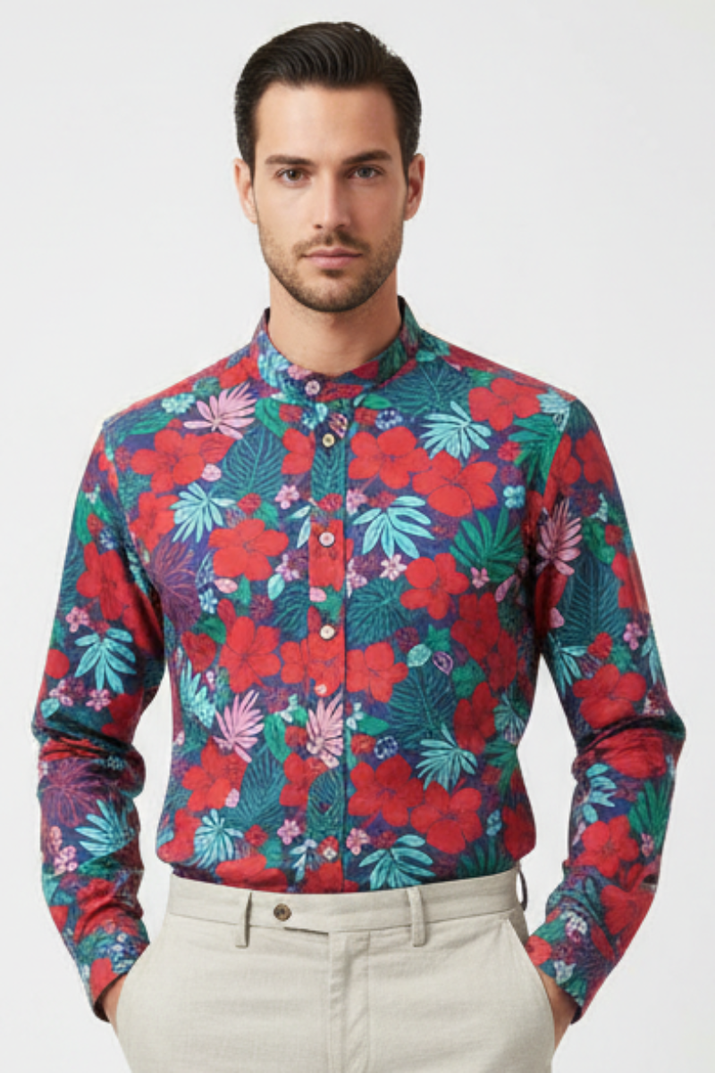Camicia casual uomo Borriello con motivo a fiori coreano, in tessuto rosso, stile moda uomo, abbigliamento elegante e comodo