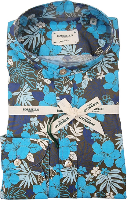 Camicia uomo Borriello casual con motivo floreale coreano in tessuto blu scuro, maniche lunghe e colletto classico.