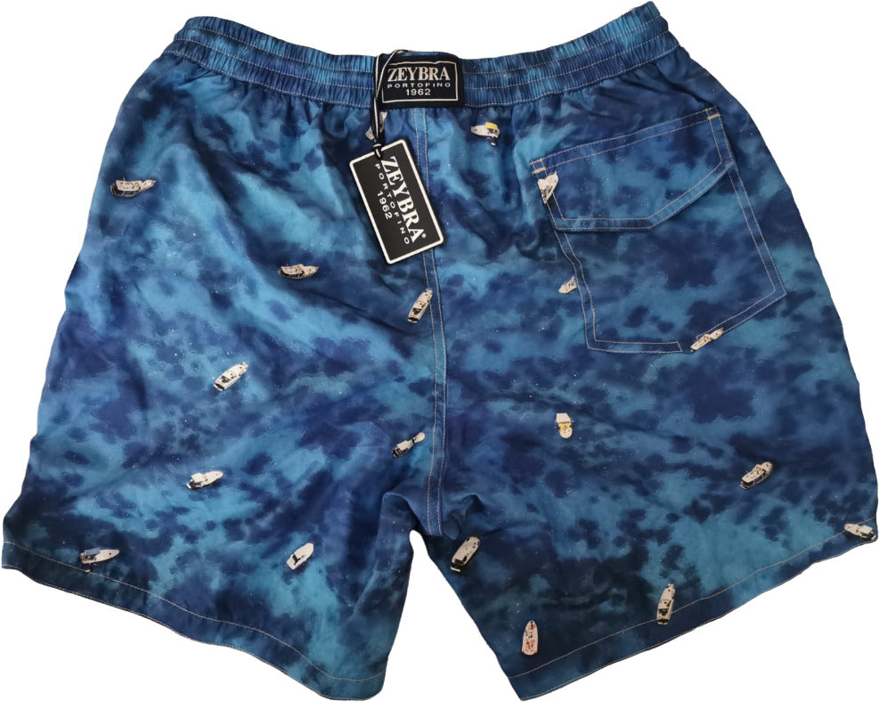 Zeybra Portofino 1962 Men's Swim Shorts - Sea/Boat Pattern - Multi-Color Blue