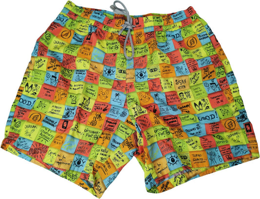 Zeybra Portofino 1962 Men's Swim Trunks - Post-it Design - Multicolor Fluorescent Yellow