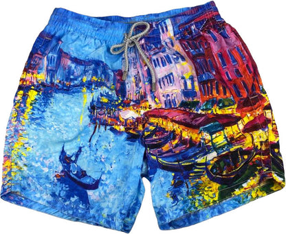 Zeybra Portofino 1962 Men's Swim Trunks - U.Venice Pattern - Light Blue/Multicolor