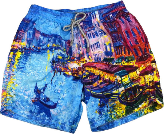 Zeybra Portofino 1962 Men's Swim Trunks - U.Venice Pattern - Light Blue/Multicolor