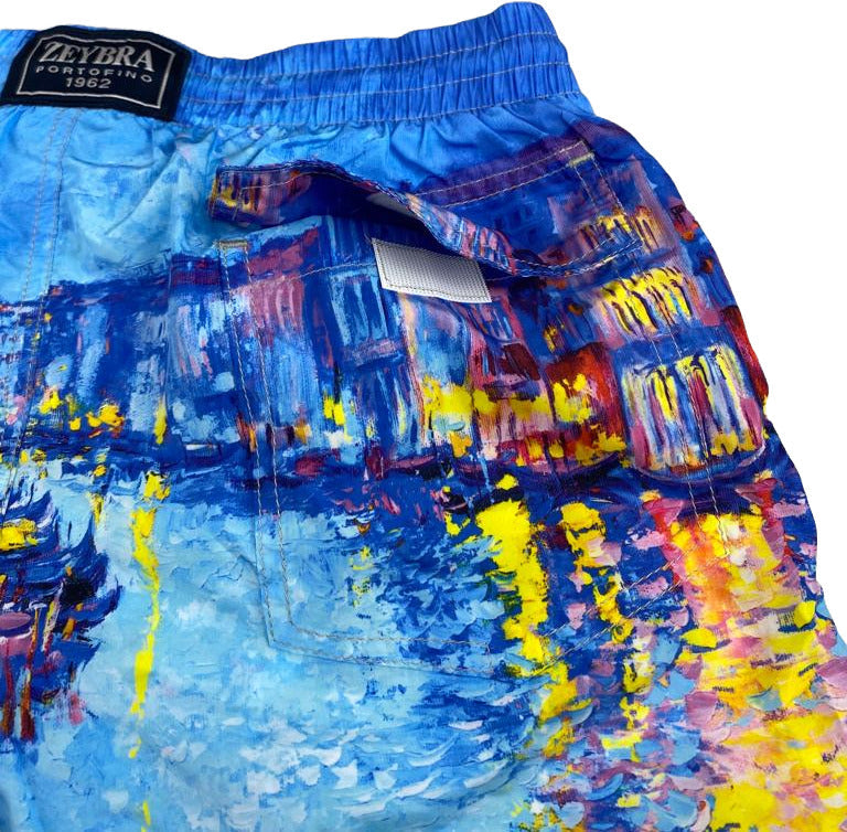 Zeybra Portofino 1962 Men's Swim Trunks - U.Venice Pattern - Light Blue/Multicolor