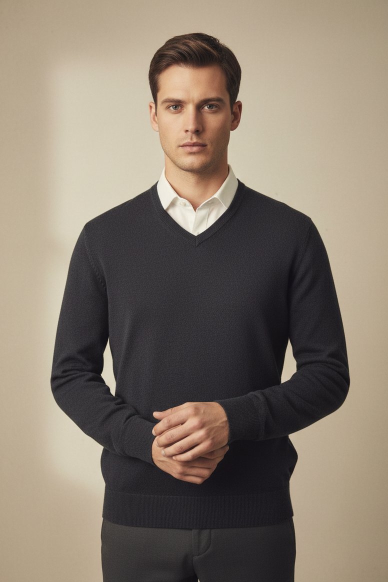 Maglia uomo Bramante a scollo V, abbigliamento moda uomo, dettaglio del collo e tessuto in primo piano