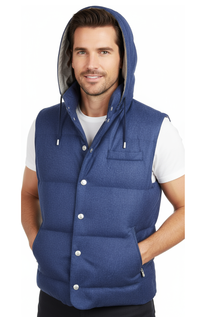 Smanicato uomo Brunello Cucinelli in tessuto blu, gilet elegante con design classico e dettagli di alta qualità.
