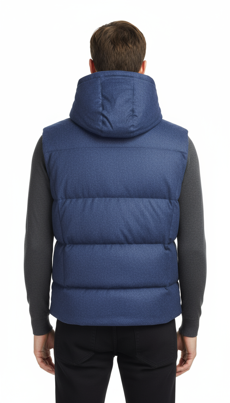 Smanicato uomo Brunello Cucinelli blu, gilet in tessuto elegante, indossato senza cappuccio, vista frontale su sfondo neutro.