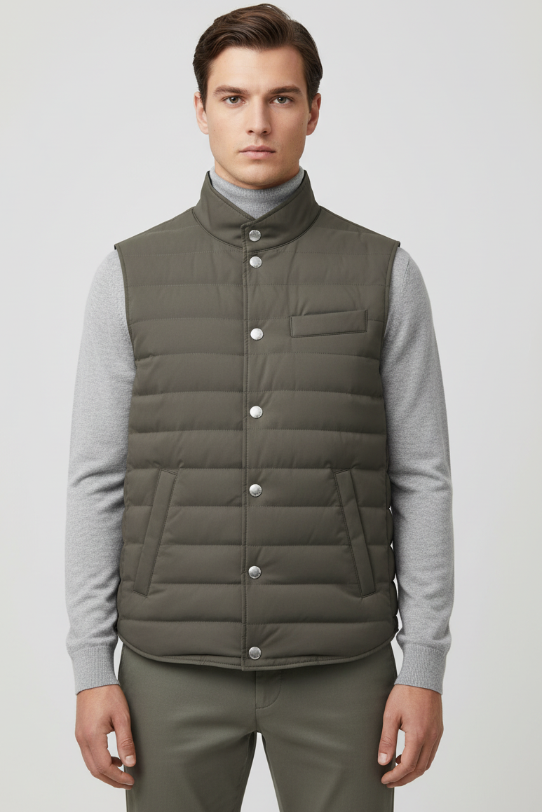 Smanicato uomo Brunello Cucinelli in nylon verde militare, gilet leggero di lusso italiano, dettaglio di moda e stile.