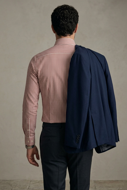 La camicia da uomo Bagutta 342_EBL combina le righe a bastoncino rosse e bianche con una vestibilità slim, per un look definito e ricco di personalità. Realizzata in 100% cotone, presenta collo francese, maniche lunghe e polsini con bottoni. Indossata da modello retro.