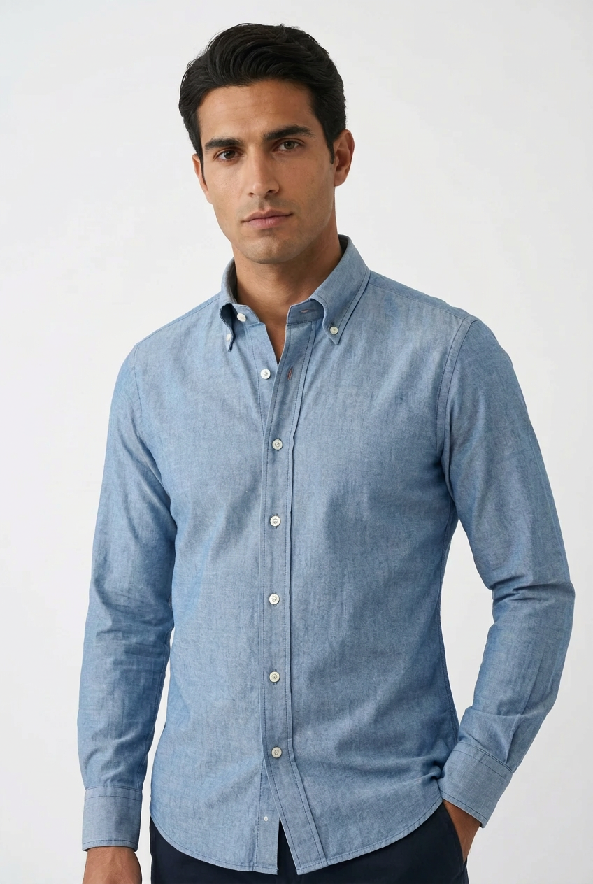 La camicia da uomo Bagutta A0140J abbina il denim chiaro alle cuciture scure a contrasto, per un look casual dal carattere definito. Realizzata in 100% cotone con vestibilità regular, presenta collo francese e abbottonatura con cannoncino, dettagli che permettono di interpretarla anche con abbinamenti più curati. Indossata da modello fronte.