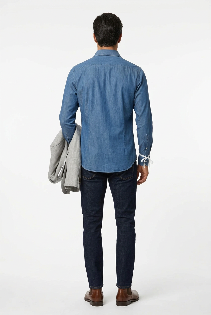 La camicia da uomo Bagutta BERLINOBJ porta il denim in un guardaroba casual curato. Realizzata in 100% cotone con vestibilità slim, abbina il collo francese all'abbottonatura con cannoncino. Le cuciture chiare a contrasto aggiungono un dettaglio distintivo alla tinta unita. indossa modello retro.