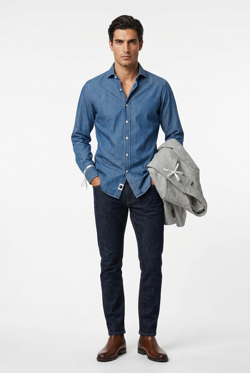 La camicia da uomo Bagutta BERLINOBJ porta il denim in un guardaroba casual curato. Realizzata in 100% cotone con vestibilità slim, abbina il collo francese all'abbottonatura con cannoncino. Le cuciture chiare a contrasto aggiungono un dettaglio distintivo alla tinta unita. Indossa modello fronte.