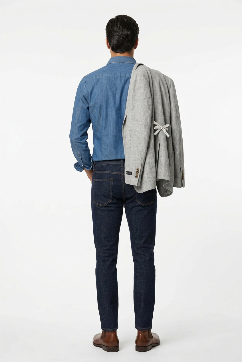 La camicia da uomo Bagutta BERLINOBJ porta il denim in un guardaroba casual curato. Realizzata in 100% cotone con vestibilità slim, abbina il collo francese all'abbottonatura con cannoncino. Le cuciture chiare a contrasto aggiungono un dettaglio distintivo alla tinta unita. indossa modello retro 2