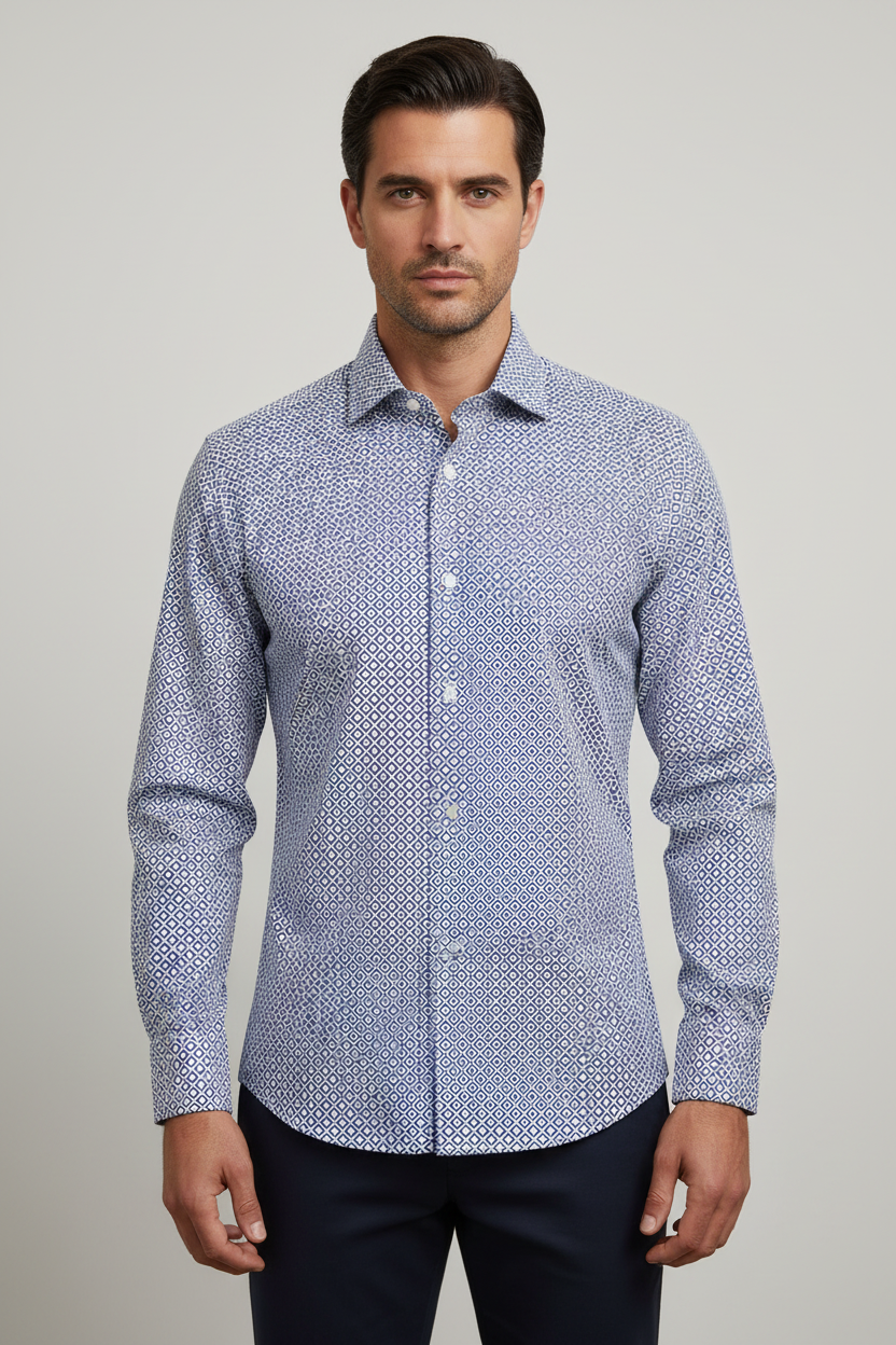 Camicia uomo Bagutta a collo francese con fantasia geometrica bianco, blu e rosso, stile slim, abbigliamento casual da uomo.