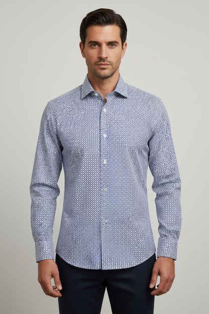 Camicia uomo Bagutta a collo francese con fantasia geometrica bianco, blu e rosso, stile slim, abbigliamento casual da uomo.