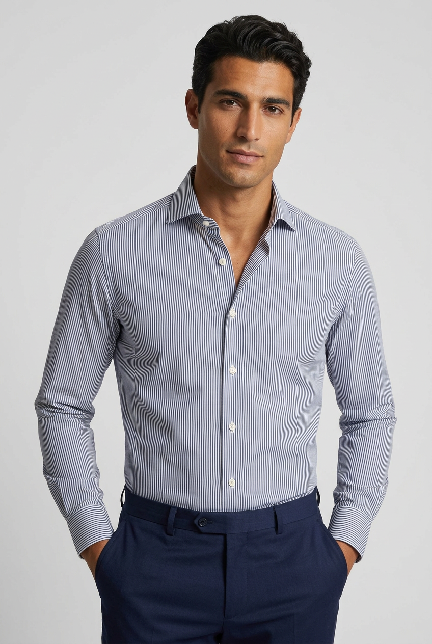 La camicia da uomo Bagutta AB15L unisce il motivo a righe bianco e blu scuro a una vestibilità slim fit, per un look definito e curato. indossato ds modello fronte