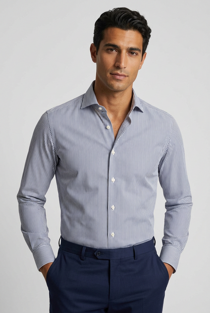 La camicia da uomo Bagutta AB15L unisce il motivo a righe bianco e blu scuro a una vestibilità slim fit, per un look definito e curato. indossato ds modello fronte